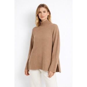 GAP Mock Neck Ribbed Knit Oversized Sweater Size M Light Oat Split Hem Cotton